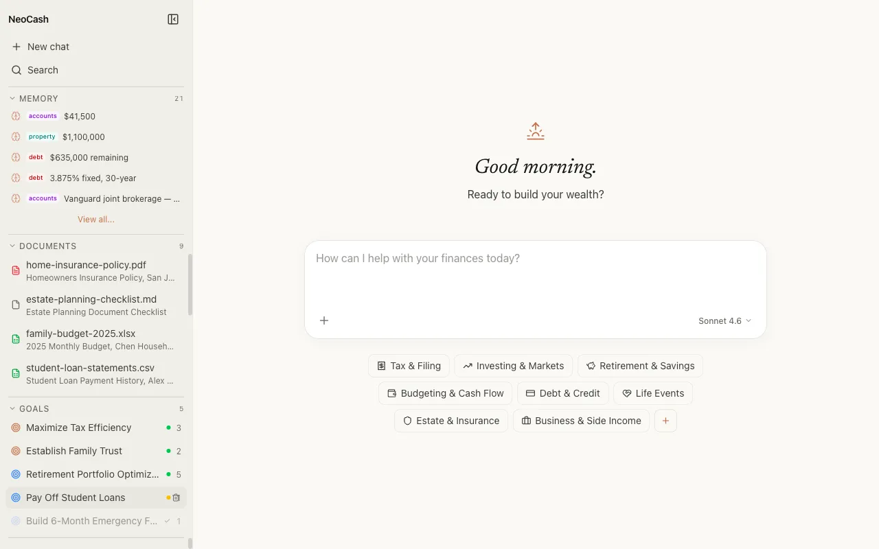 NeoCash AI wealth management dashboard showing new chat with financial categories